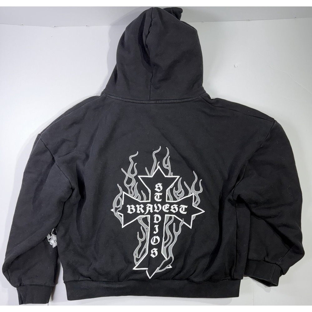 Bravest Studios Flame Cross Pullover Hoodie Black XL Gothic Streetwear